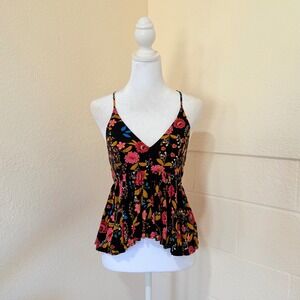 Express Peplum Babydoll Cami Top Women Small Black Floral Racerback Babydoll